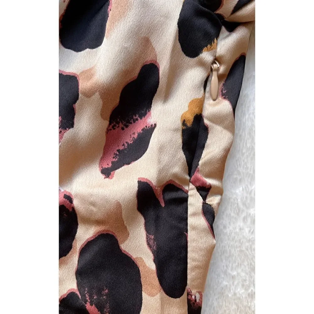 NWT PRETTYLITTLETHING Leopard Asymmetric Hem Long Sleeve Plunge Satin Maxi Dress